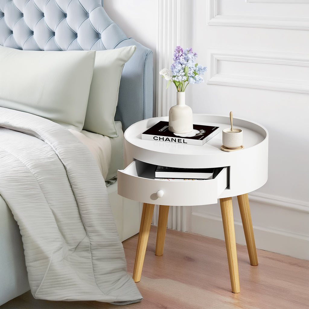 Modern White Nightstand with Storage Drawer & Oak Legs, 18' Bedside Table for Bedroom or Living Room, MDF Construction - Grand Goldman Shop