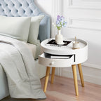 Modern White Nightstand with Storage Drawer & Oak Legs, 18' Bedside Table for Bedroom or Living Room, MDF Construction - Grand Goldman Shop