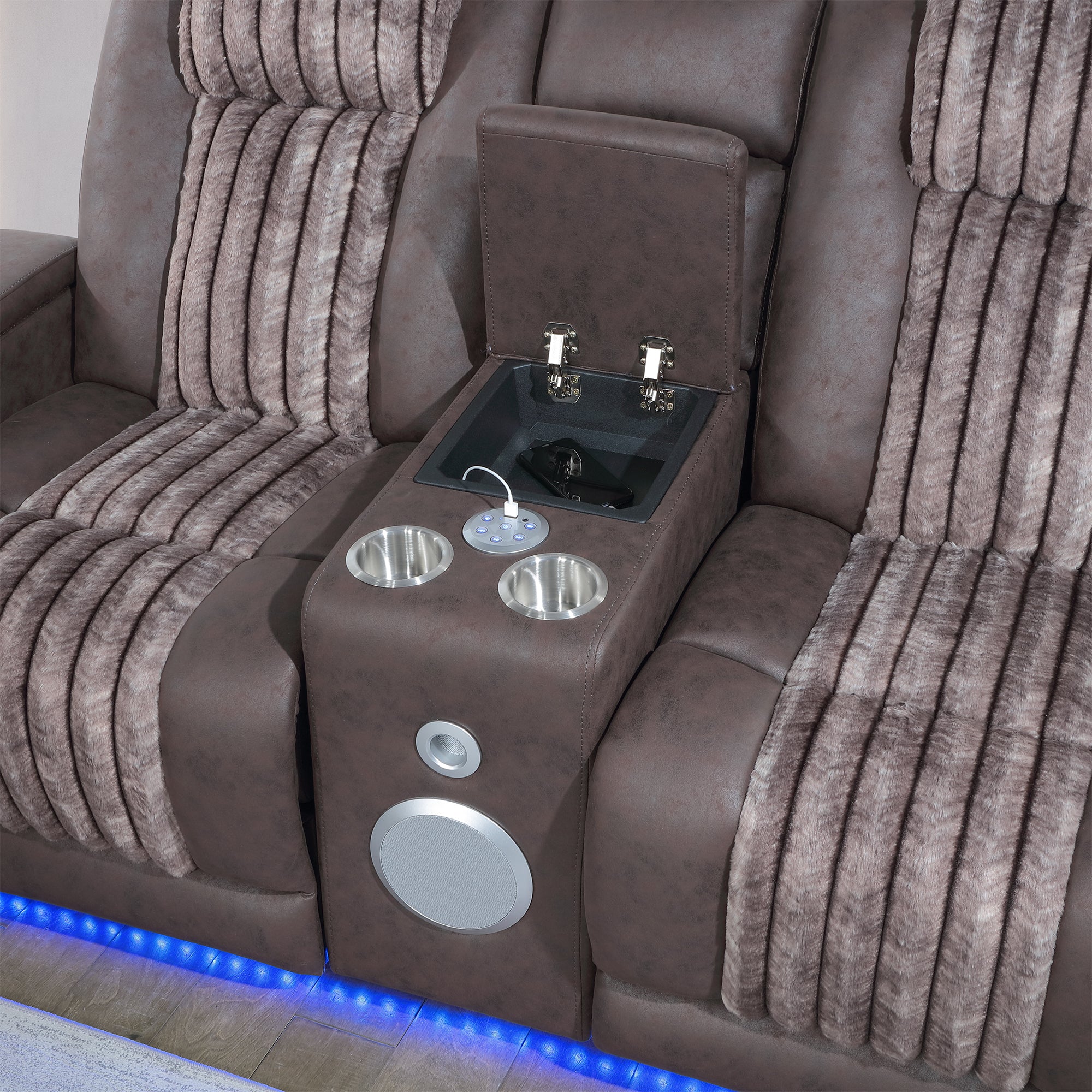 Duran Brown 3PC Power Reclining Sofa-Loveseat and Recliner with Power Headrest, LED, USB, and Bluetooth Speaker - Grand Goldman Shop
