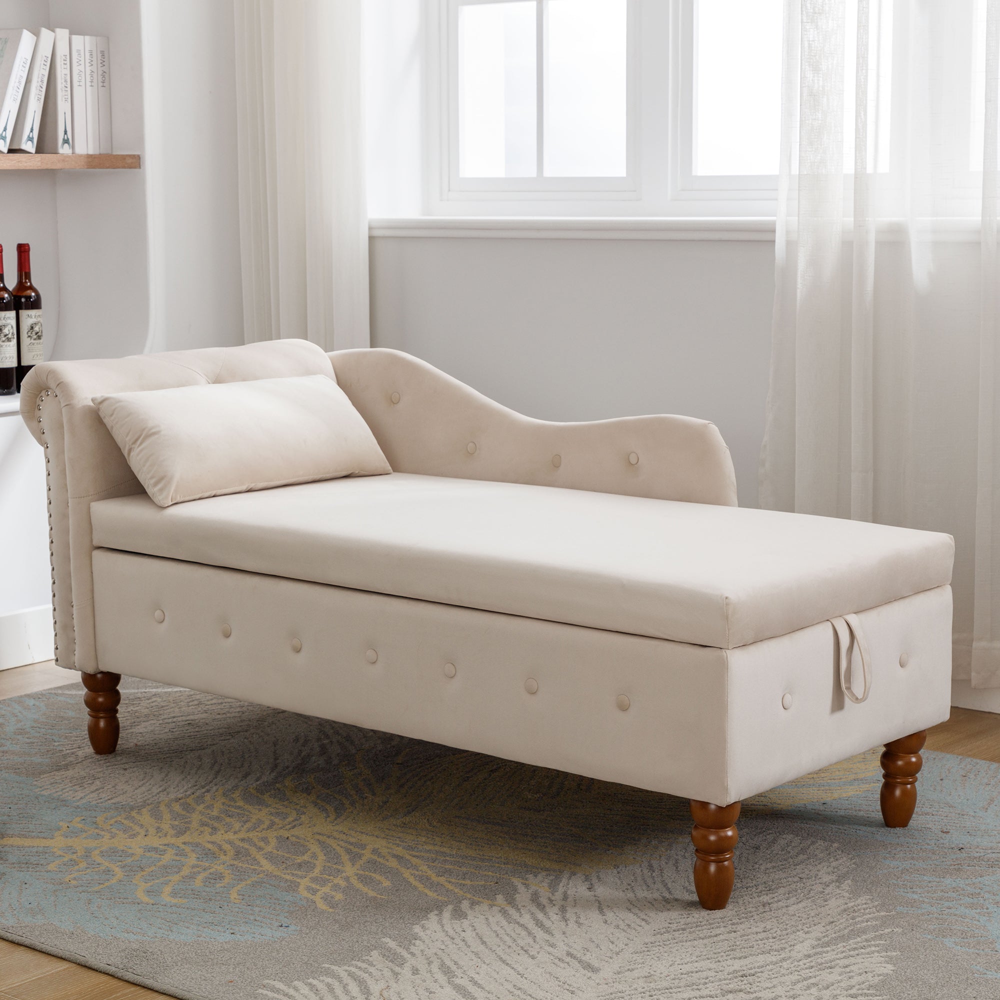 Beige Chaise Lounge Indoor, Velvet Lounge Chair for Bedroom with Storage & Pillow, Modern Upholstered Rolled Arm Chase Lounge for Sleeping with Nailhead Trim for Living Room Bedroom Office - Grand Goldman Shop