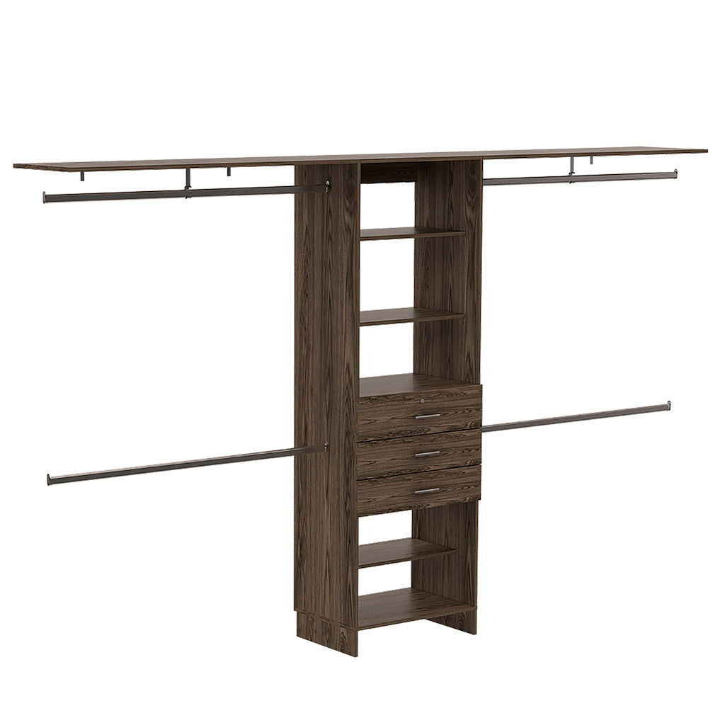 Plego 69'W - 118'W Drawers Closet System, Five Shelves, Four Hanging Rods, Three Drawers -Dark Walnut - Grand Goldman Shop