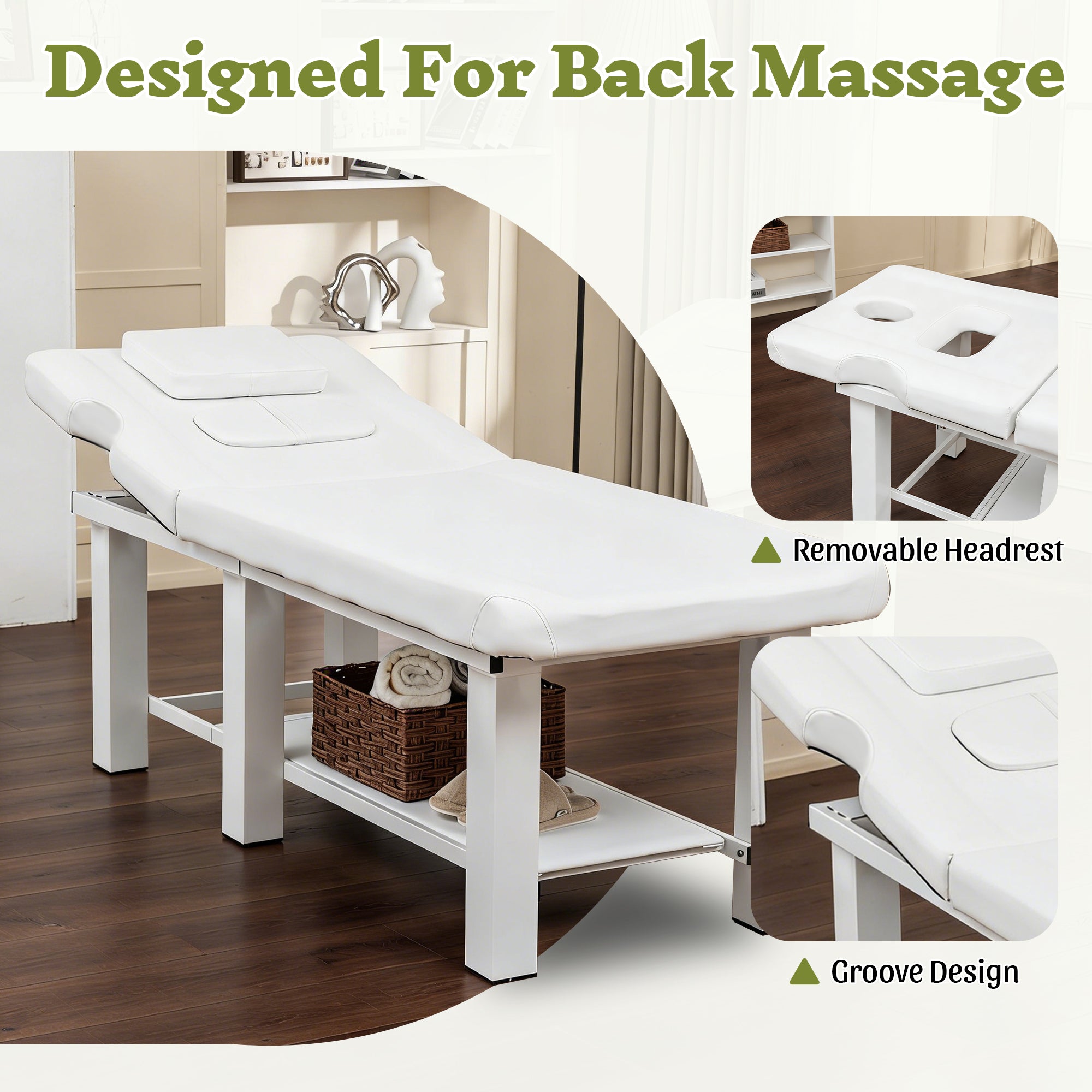 Adjustable Massage Table 0-15° Reclining, High-Resiliency Waterproof Cushion with Detachable Headrest, Bottom Storage, Heavy-
