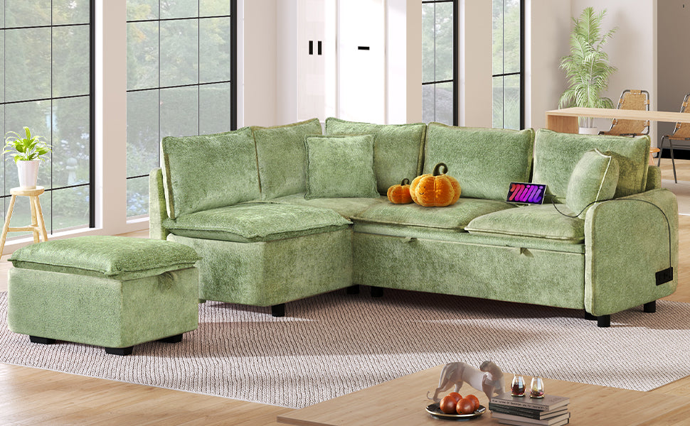 Convertible Sofa Bed Sectional Sofa Sleeper with Storage Ottoman, Green Chenille, 82.67 inches - Grand Goldman Shop