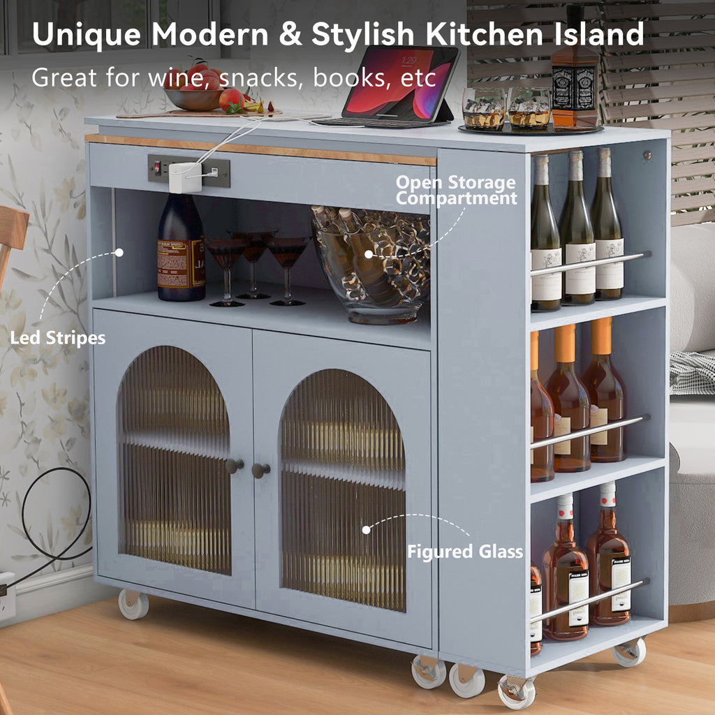 K&K Rolling Kitchen Island With Extended Table, Kitchen Island on Wheels with LED Lights,Power Outlets and 2 Fluted Glass Doors, Kitchen Island with a Storage Compartment and Side 3 Open Shelves, Grey - Grand Goldman Shop