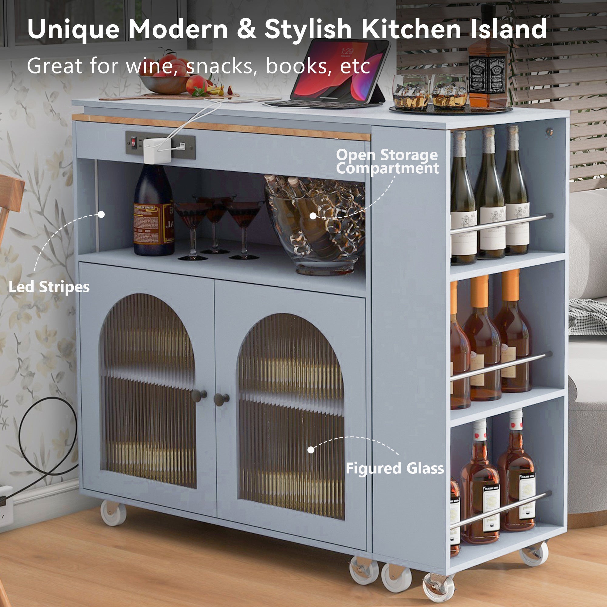K&K Rolling Kitchen Island With Extended Table, Kitchen Island on Wheels with LED Lights,Power Outlets and 2 Fluted Glass Doors, Kitchen Island with a Storage Compartment and Side 3 Open Shelves, Grey - Grand Goldman Shop