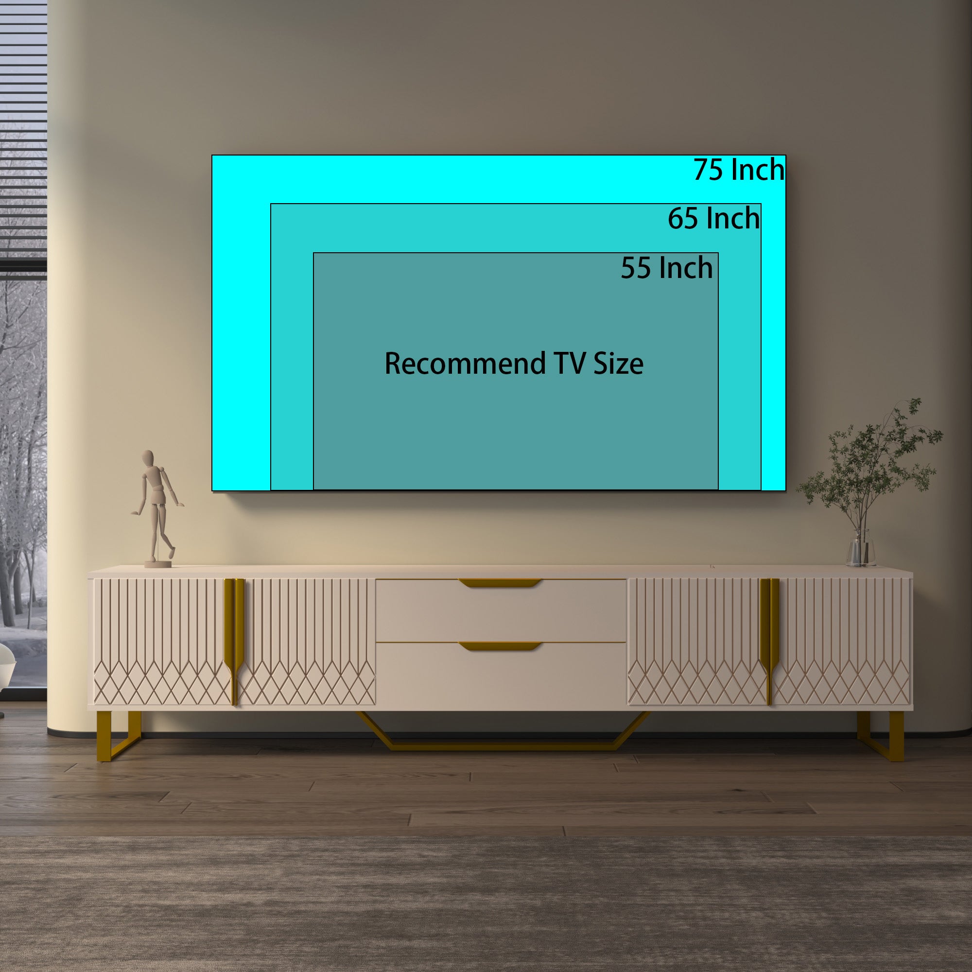 TV Console with Storage Cabinets, Carve Design TV Stand with Metal Legs, Large Storage Space Modern Entertainment Center Suit for Living Room, Bedroom, White - Grand Goldman Shop