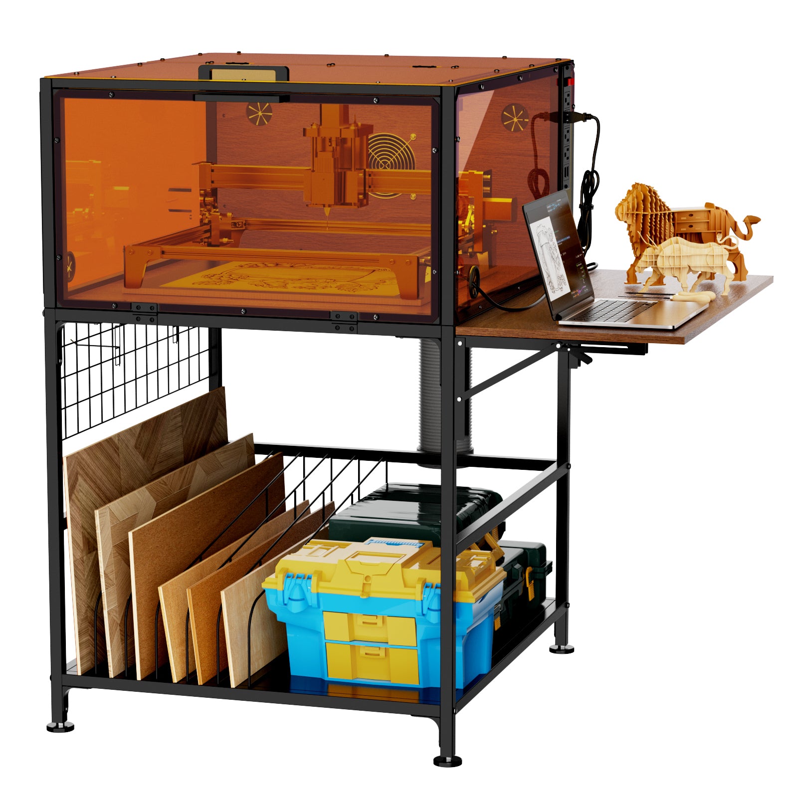 Laser Engraver Enclosure Cabinet with Exhaust Fan 6000RPM for Most Laser Cutter, Storage & Foldable Side Panel, Metal Laser E