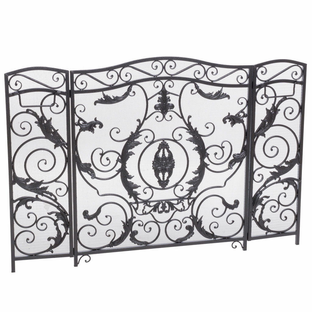 Mariella Traditional Floral Iron Fireplace Screen with Ornate Design in Black Brushed Silver Finish - Grand Goldman Shop