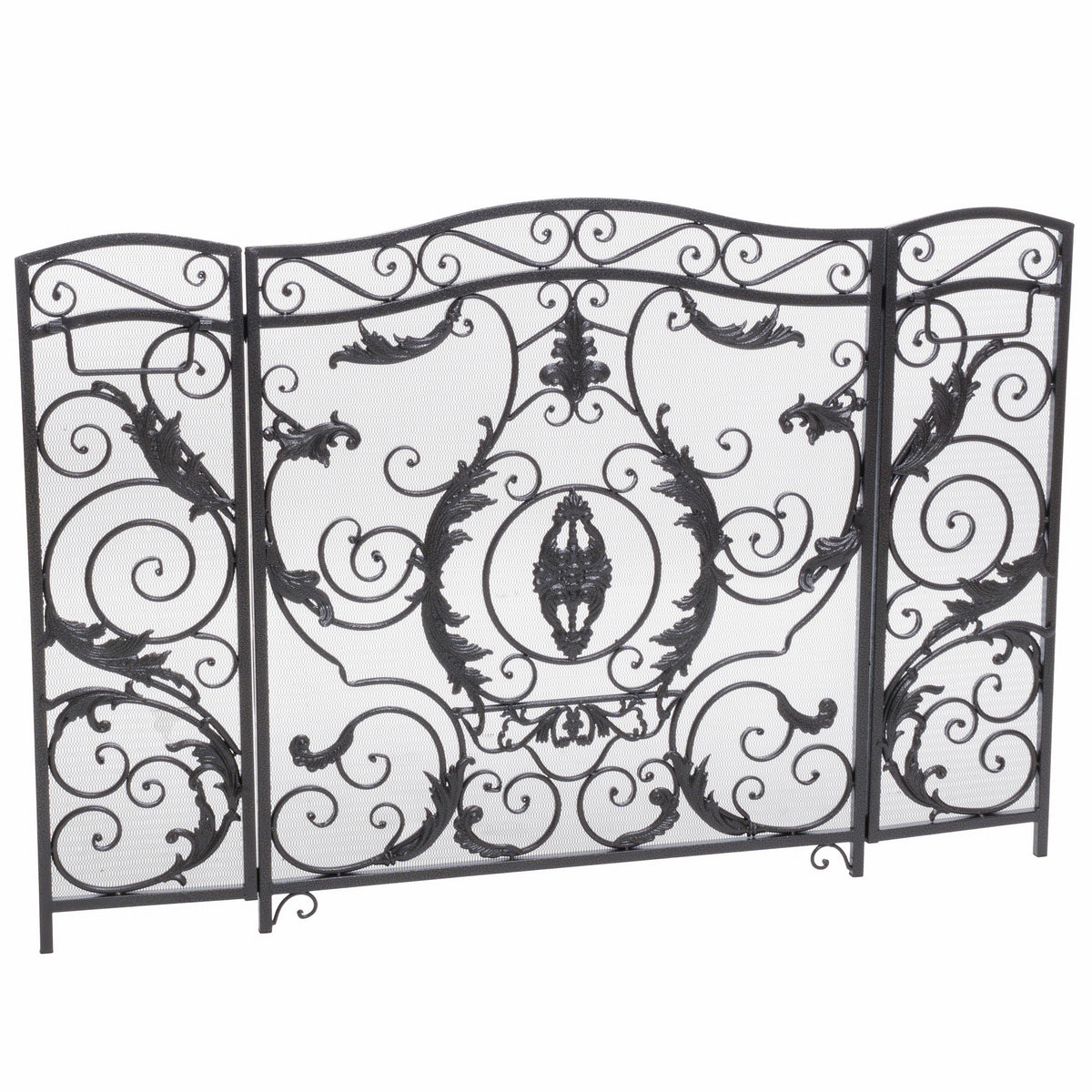 Mariella Traditional Floral Iron Fireplace Screen with Ornate Design in Black Brushed Silver Finish - Grand Goldman Shop