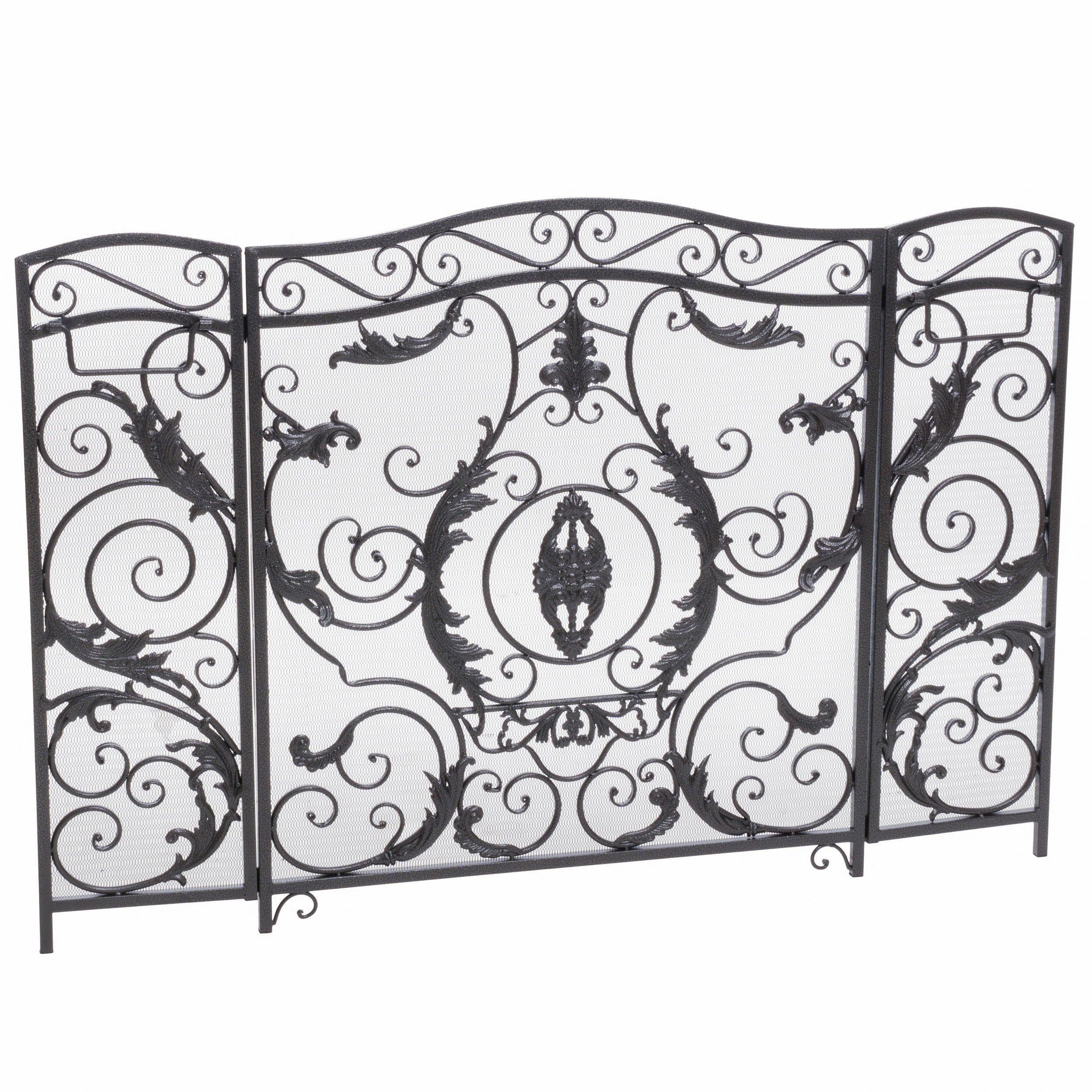 Mariella Traditional Floral Iron Fireplace Screen with Ornate Design in Black Brushed Silver Finish - Grand Goldman Shop