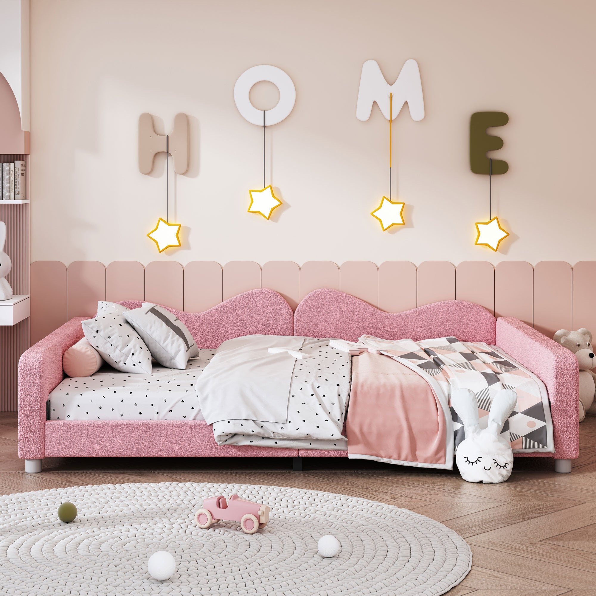 Full size Upholstered Daybed, Sherpa Fabric Sofabed with Cloud-Shaped Backrest, No Box-spring Needed, Pink(Old SKU: WF532069AAH) - Grand Goldman Shop