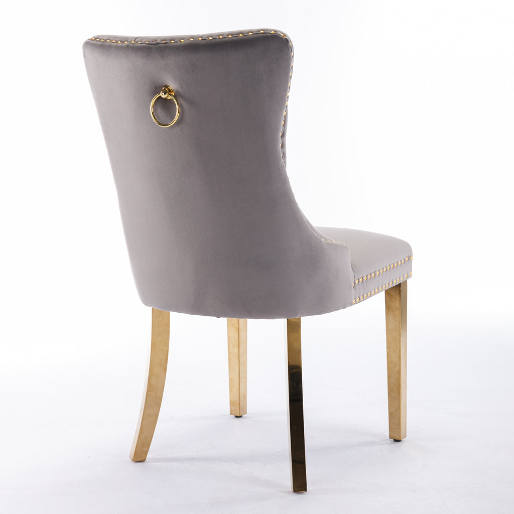 Nikki Collection Modern, High-end Tufted Solid Wood Contemporary Velvet Upholstered Dining Chair with Golden Stainless Steel Plating Legs,Nailhead Trim,Set of 2,Gray and Gold, SW1601GY - Grand Goldman Shop