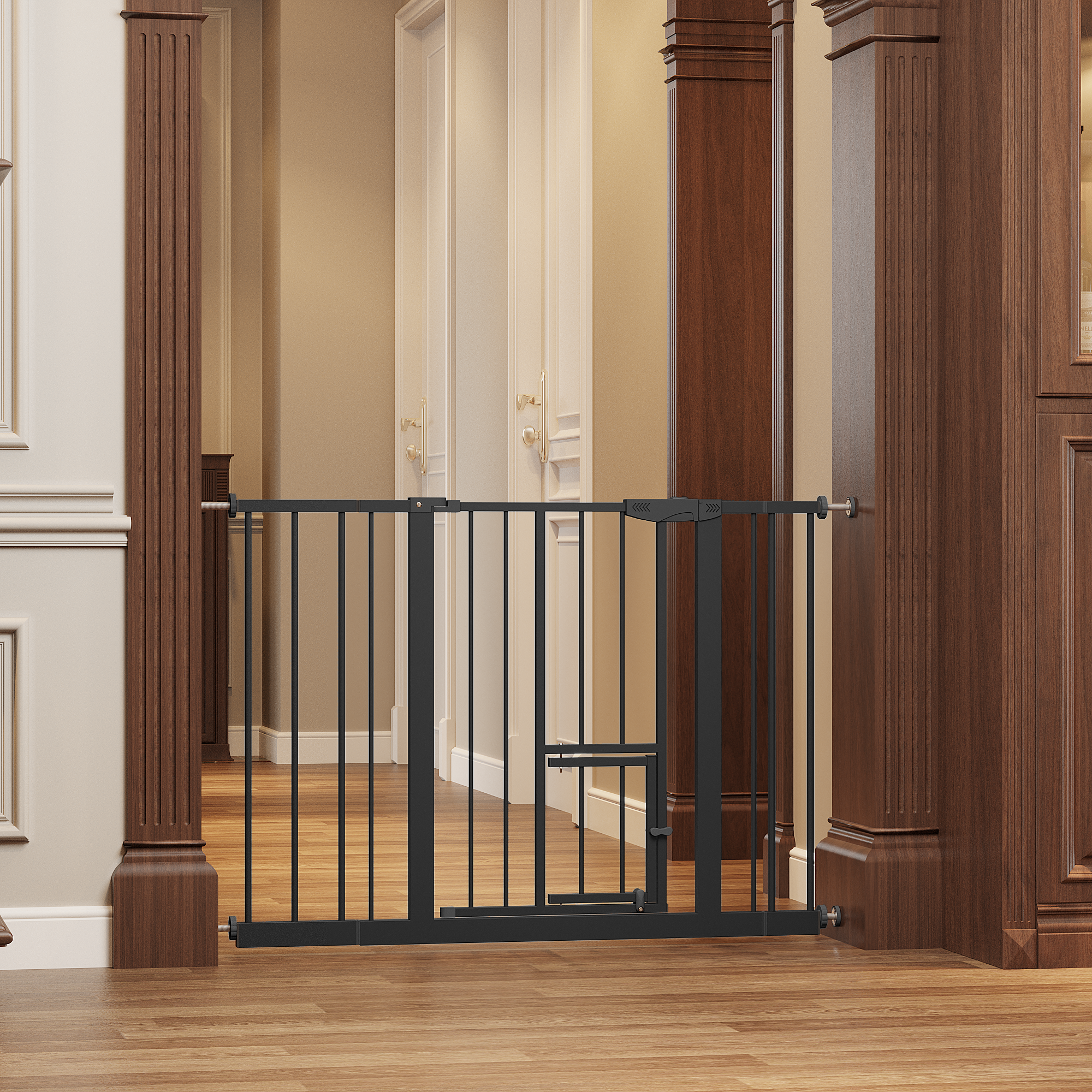 Baby Gate with Cat Door, 29.5-44.1' Metal Pet Door for Stairs & Doorways,Pressure Mounted,No Tools Needed, Black | Premium Ho