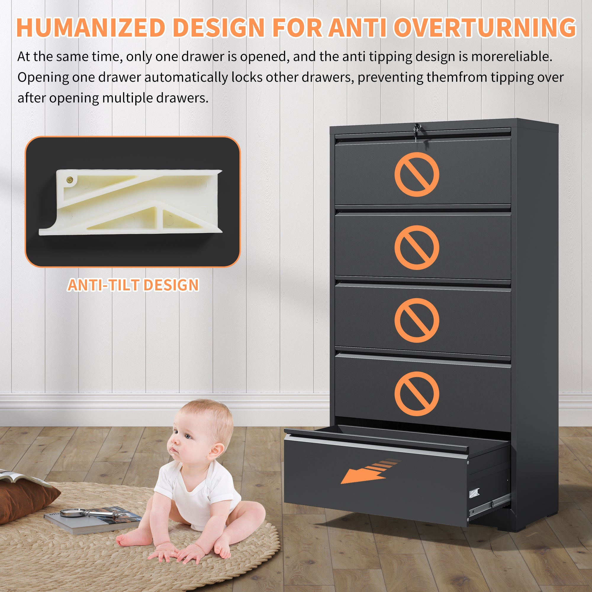 5 Drawer Metal Lateral File Cabinet , Black Filing Cabinet with Lock, Lockable File Cabinet for Home Office, Locking Metal Fi