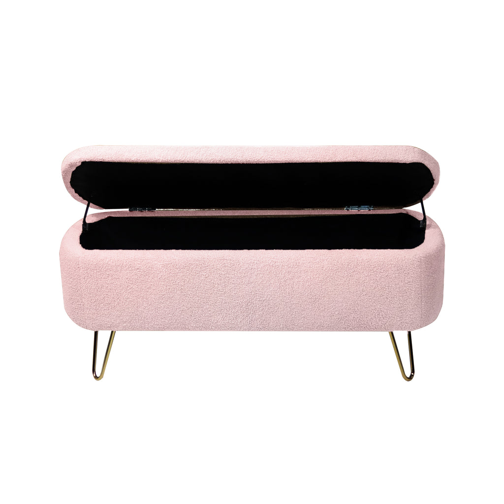 Pink Storage Ottoman Bench for End of Bed Gold Legs, Modern Grey Faux Fur Entryway Bench Upholstered Padded with Storage for Living Room Bedroom - Grand Goldman Shop