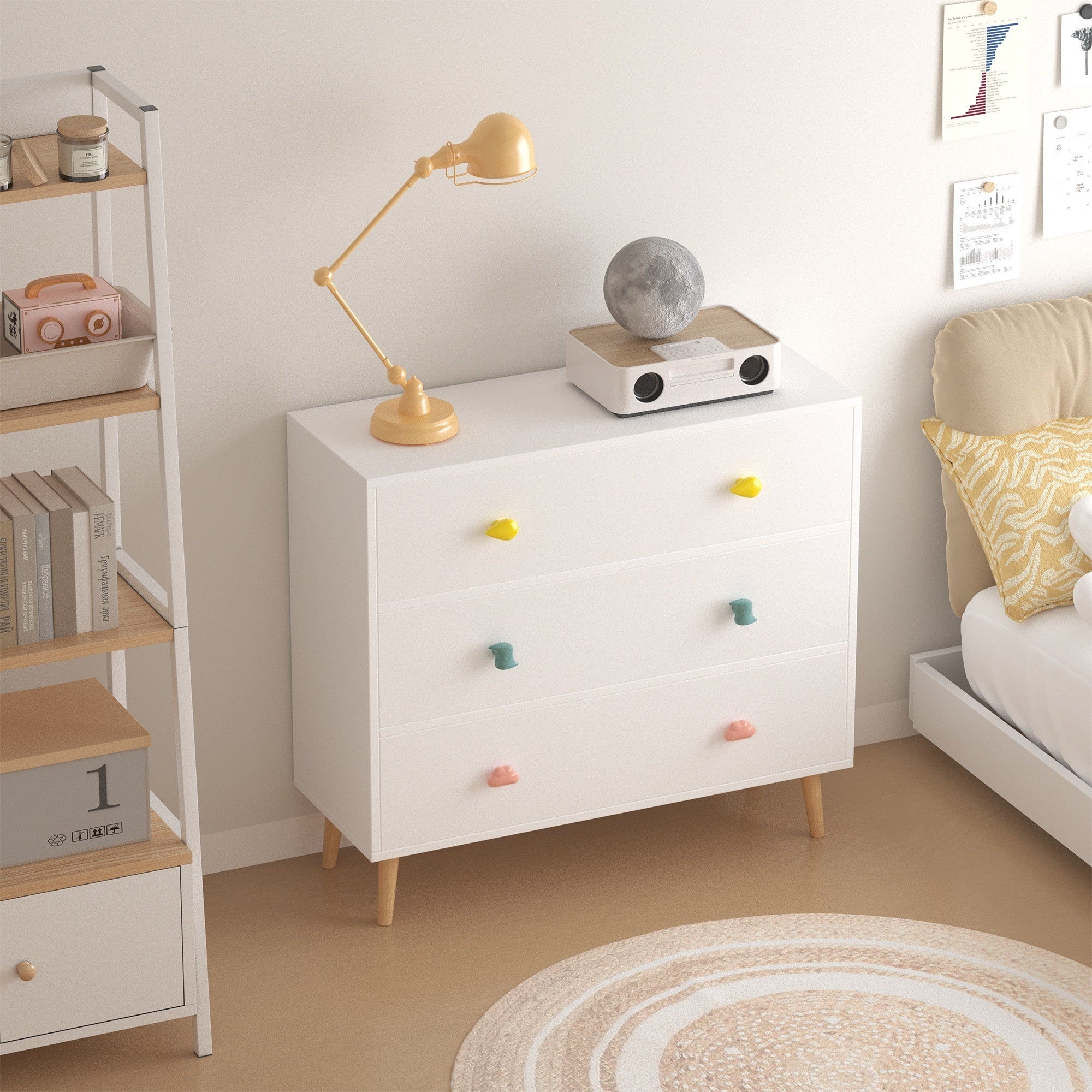 Kids 3 Drawer Dresser, White Nursery Storage Cabinet with Anti-Tip Safety Feature, Solid Wood and MDF Construction, Compact D