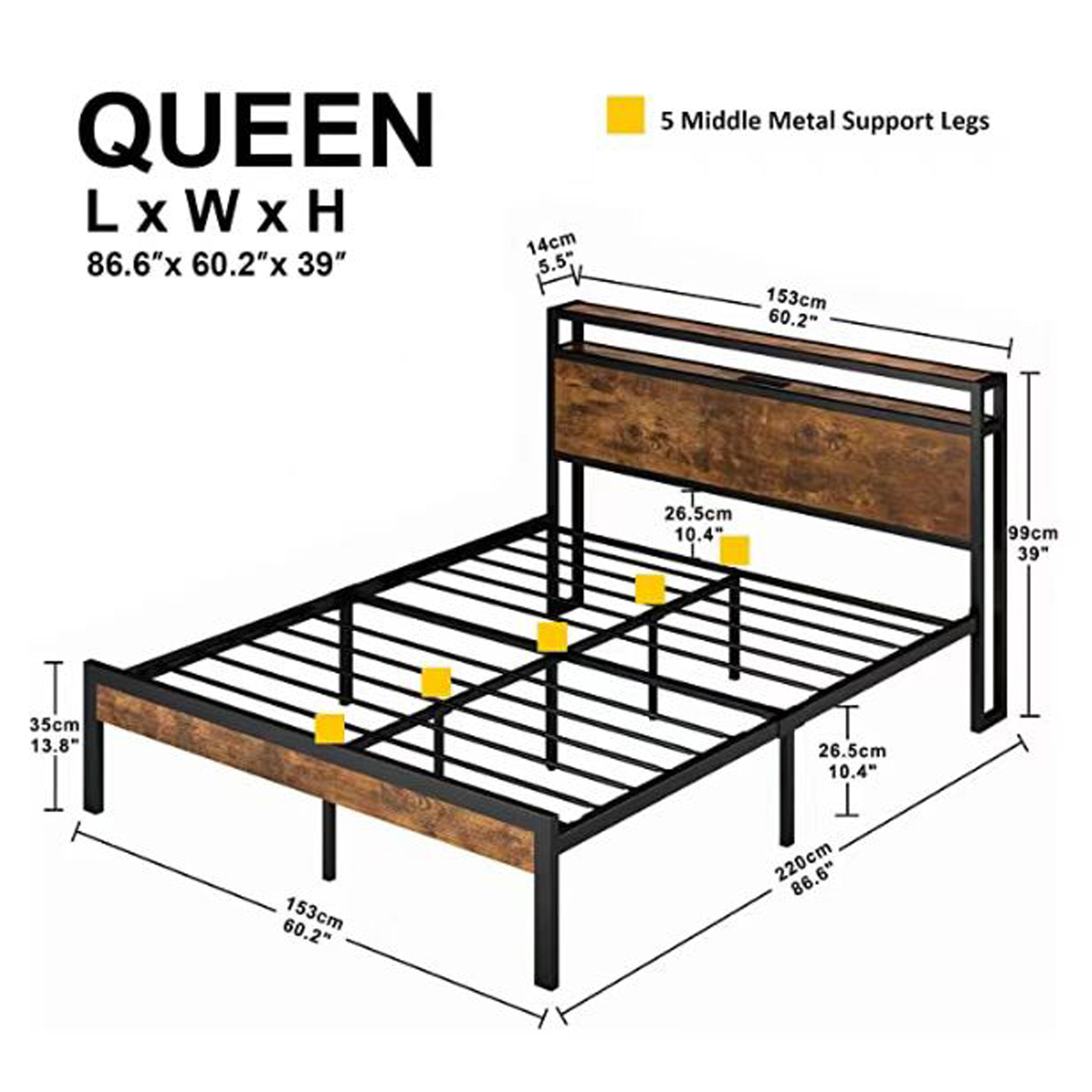 Modern Metal Platform Bed Frame with Wooden Headboard and Footboard, USB Liner, Queen Size, Black and Brown - Grand Goldman Shop