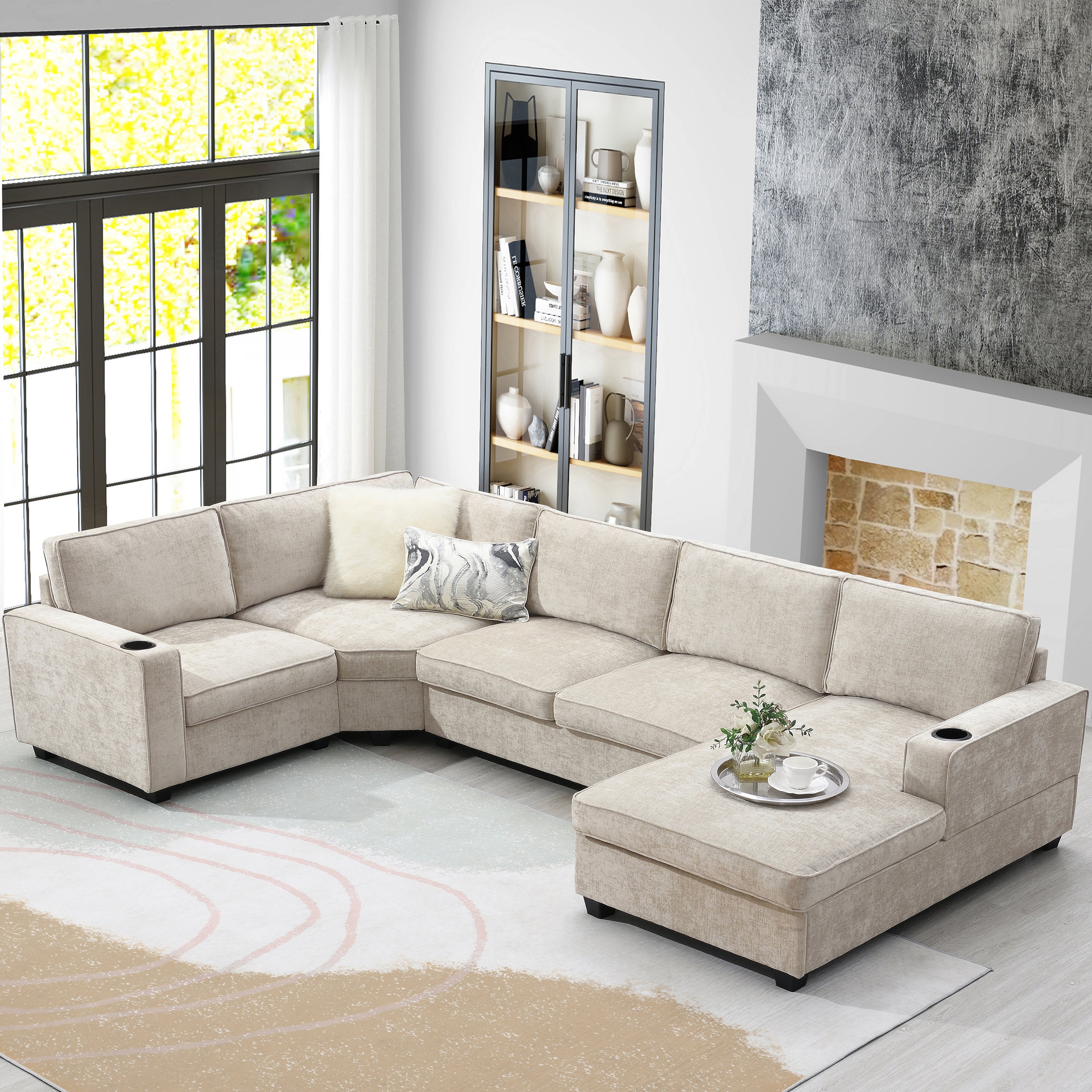 [VIDEO]119' U-Shaped Sectional Sofa, 6 Seat Chenille Corner Couch Set with Cup Holders, Oversized Chaise Lounge, Irregular Corner, Deep and Wide Seat, Comfy Sofa for Living Room&Apartment, 2 Colors - Grand Goldman Shop