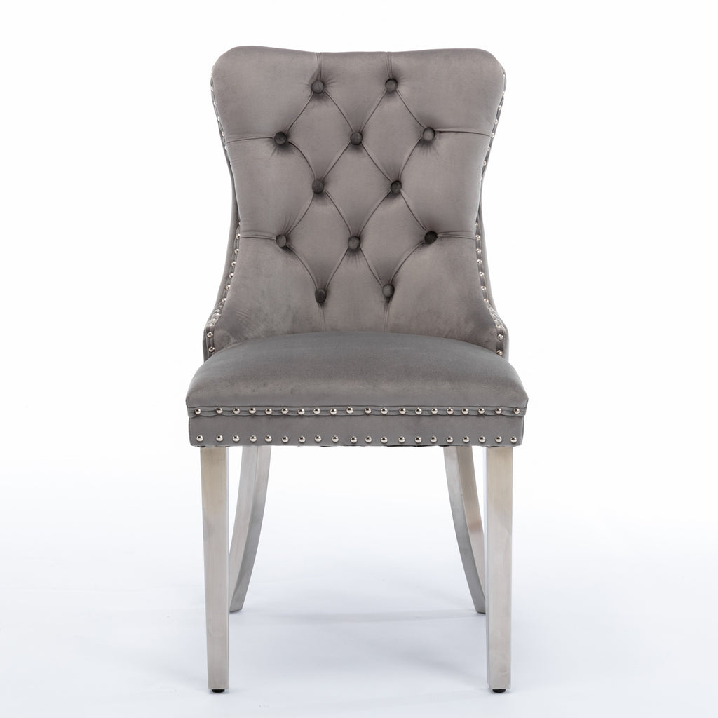 A&A Furniture,Nikki Collection Modern, High-end Tufted Solid Wood Contemporary Velvet Upholstered Dining Chair with Chrome Stainless Steel Plating Legs,Nailhead Trim,Set of 2,Gray and Chrome, SW1701GY - Grand Goldman Shop