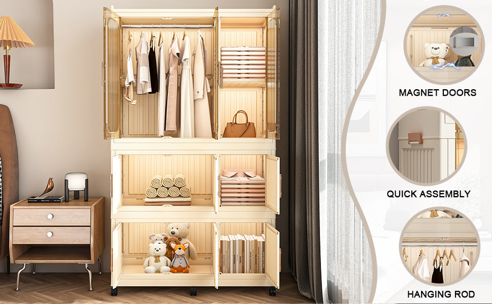 Portable Wardrobe Closet Storage Organizer with 9 Magnetic Doors, Cream White, - Grand Goldman Shop