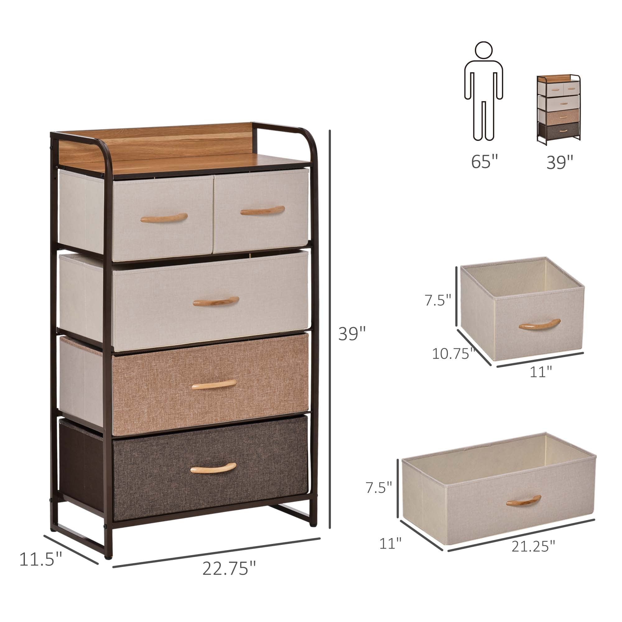HOMCOM 5-Drawer Dresser, Fabric Drawers, 4-Tier Storage Organizer for Bedroom Entryway, Tower Unit with Steel Frame Wooden Top, Maple Wood - Grand Goldman Shop