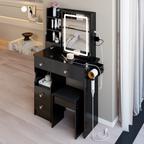 29.2' Small Size Drawer Desktop Vanity Table + Cushioned Stool, 2 AC+2 USB Power Station, Hair dryer bracket, Extra Large Touch Control Sliding LED Mirror, 3-color Switching, EPA, GCC, UL Certificate - Grand Goldman Shop