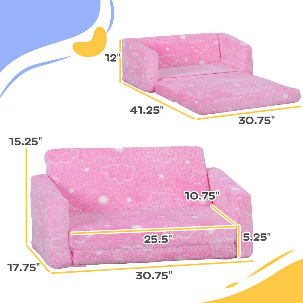 Qaba 2 in 1 Kids Sofa Chair, Toddler Couch with Glow in The Dark Cosmic Patten, Washable Cover, Fold Out Convertible Sofa to 