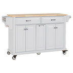 Kitchen Island with Rubber wood Countertop, Kitchen Cart on 5 Wheels with Storage Cabinet and 2 Top Drawers and A center double layered storage drawer for Dinning Room, White - Grand Goldman Shop