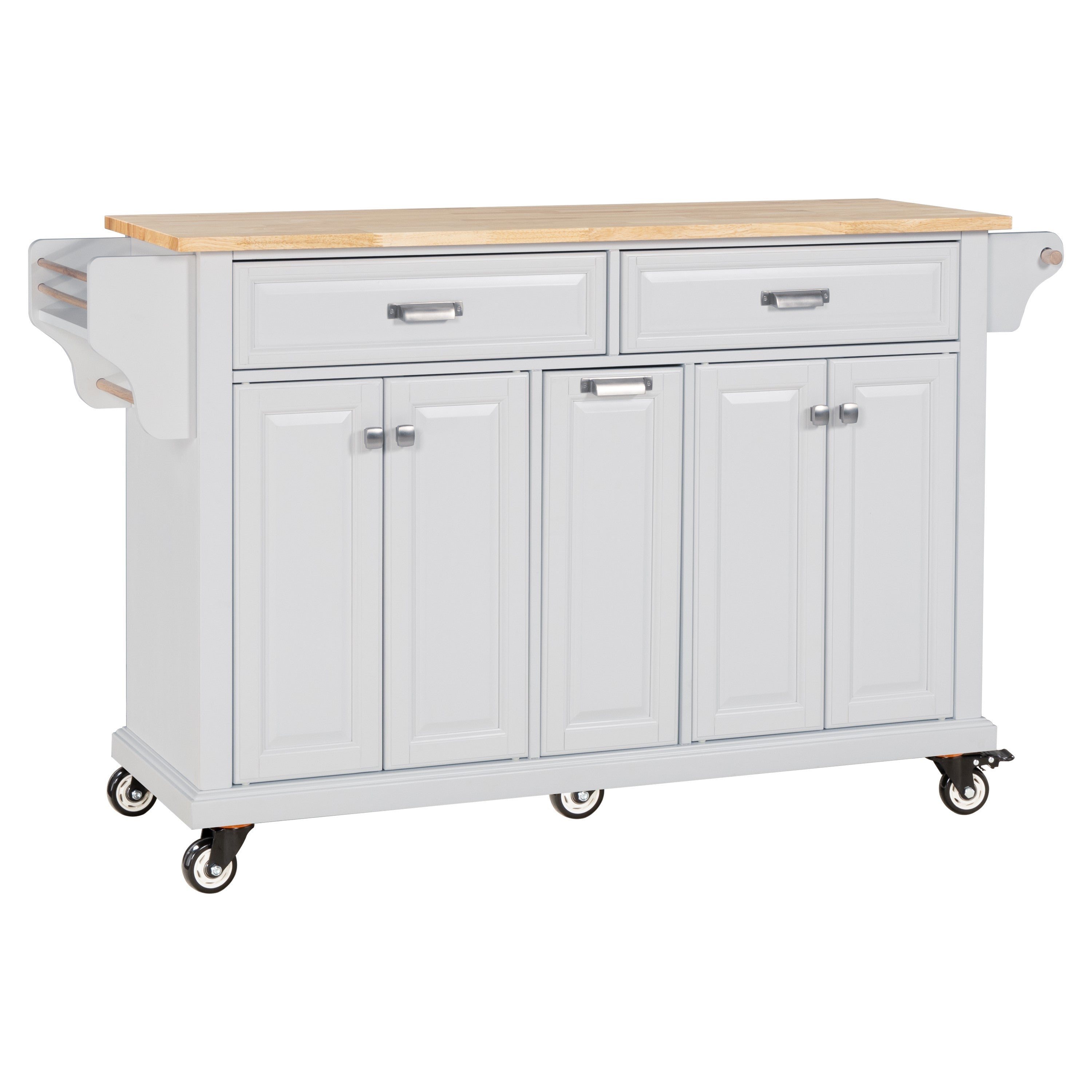 Kitchen Island with Rubber wood Countertop, Kitchen Cart on 5 Wheels with Storage Cabinet and 2 Top Drawers and A center double layered storage drawer for Dinning Room, White - Grand Goldman Shop