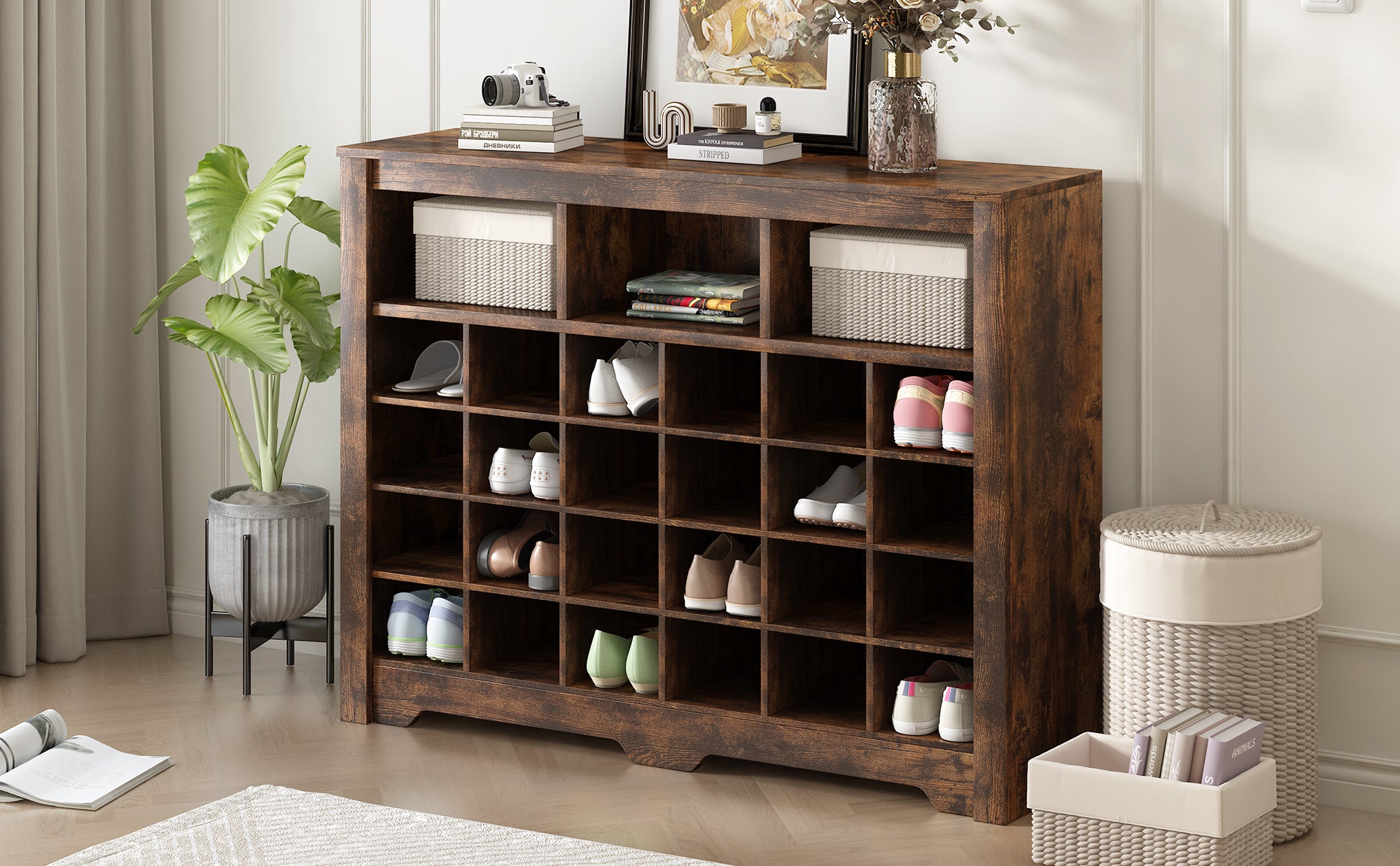 ON-TREND Sleek Design 24 Shoe Cubby Console, Modern Shoe Cabinet with Curved Base, Versatile Sideboard with High-quality for Hallway, Bedroom, Living Room, Rustic Brown - Grand Goldman Shop