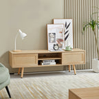 Natural Rattan TV Cabinet with Double Sliding Doors, Adjustable Shelf, Solid Wood Legs, 55.12 Inches - Grand Goldman Shop