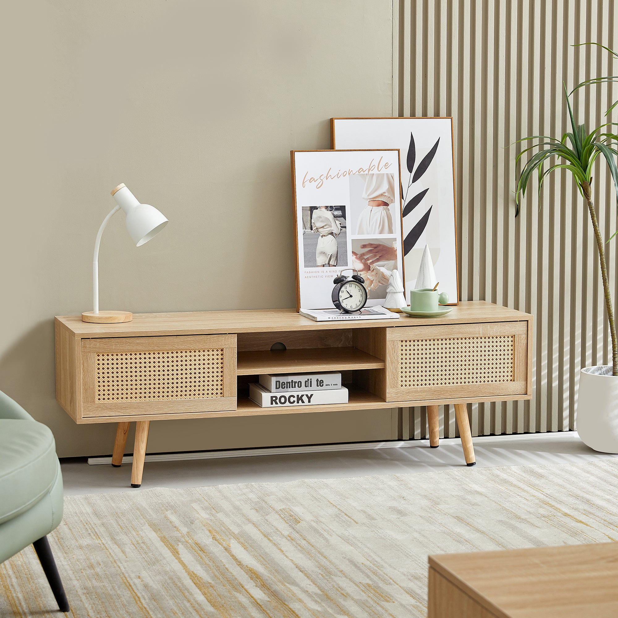 Natural Rattan TV Cabinet with Double Sliding Doors, Adjustable Shelf, Solid Wood Legs, 55.12 Inches - Grand Goldman Shop