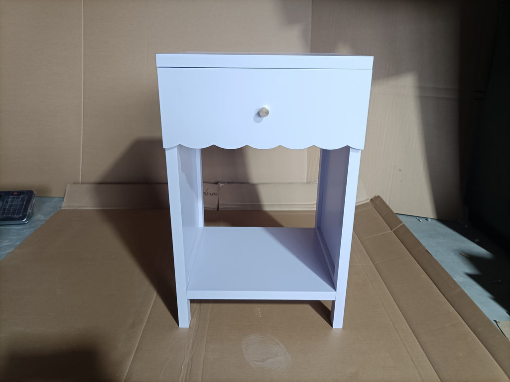 Modern Nightstand with Drawer and Open Shelf, Scalloped Edge Bedside Table in Light Purple, Minimalist Side Table for Kids Room or Girls' Room, Engineered Wood, 16.93 x 14.96 x 26.77 inches - Grand Goldman Shop