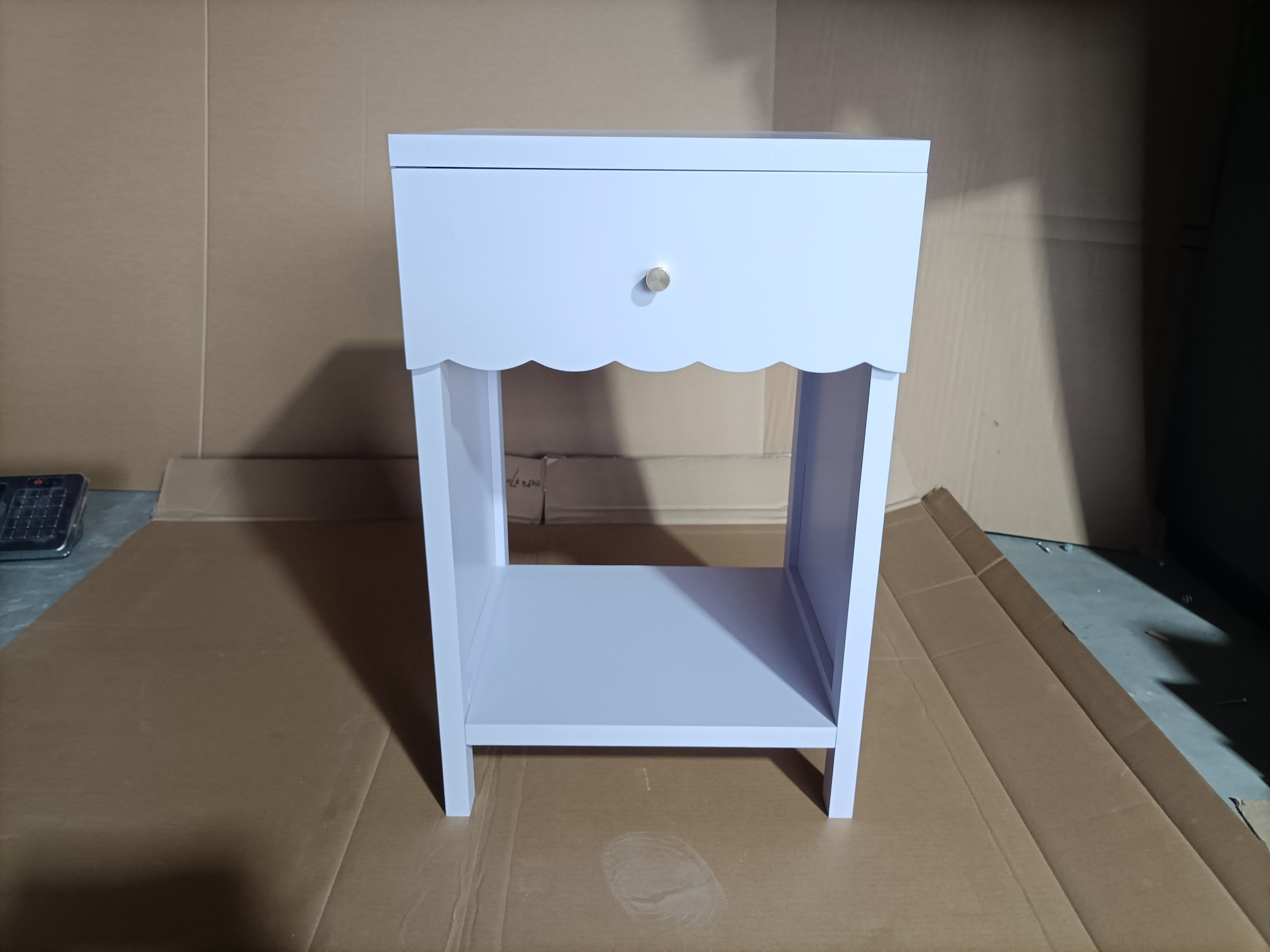 Modern Nightstand with Drawer and Open Shelf, Scalloped Edge Bedside Table in Light Purple, Minimalist Side Table for Kids Room or Girls' Room, Engineered Wood, 16.93 x 14.96 x 26.77 inches - Grand Goldman Shop