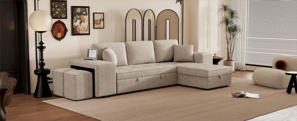 Modern L-Shape 3 Seat Reversible Sectional Couch with Pull Out Sleeper, Storage Chaise & 2 Stools, Cream, Linen Chenille - Grand Goldman Shop