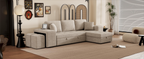 Modern L-Shape 3 Seat Reversible Sectional Couch with Pull Out Sleeper, Storage Chaise & 2 Stools, Cream, Linen Chenille - Grand Goldman Shop