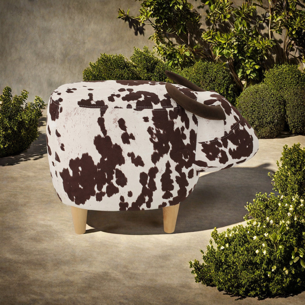 Cow-Shaped Modern Ottoman Footstool in Brown and White Fabric with Velvet Horns, Birch Legs, 25.25 x 14.00 x 16.75 inches - Grand Goldman Shop
