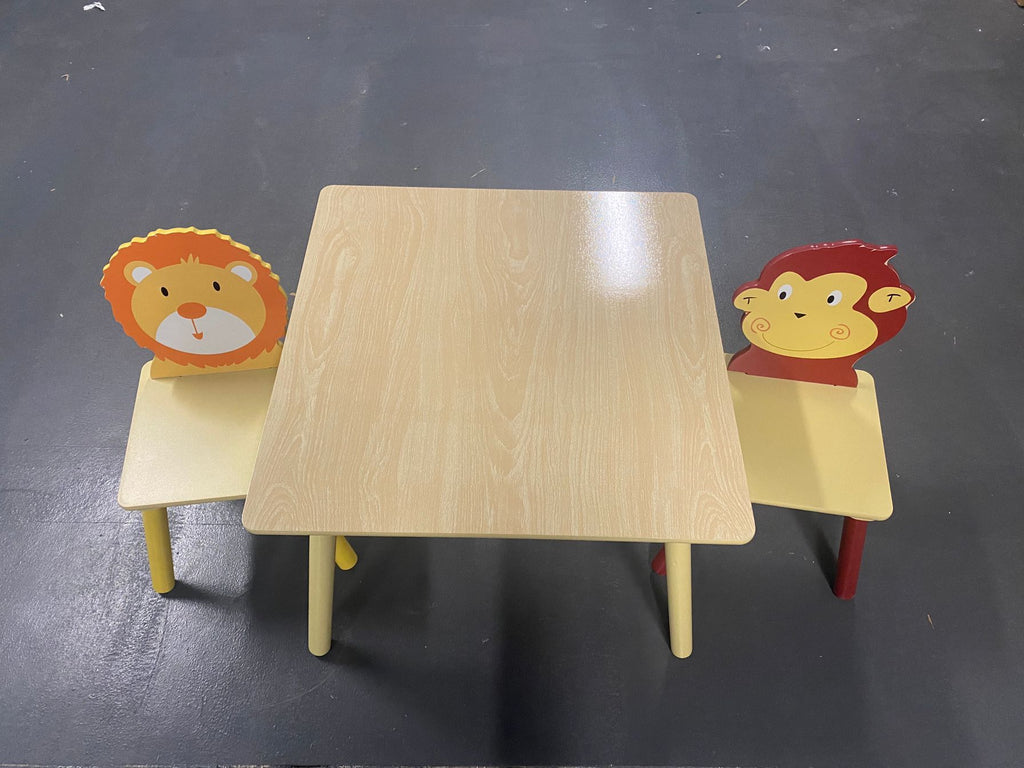 Lion & Monkey Wooden Activity Play Table Set for Kids, 3-Piece Toddler Table and Chair Set in Yellow & Red, Solid Wood & MDF,
