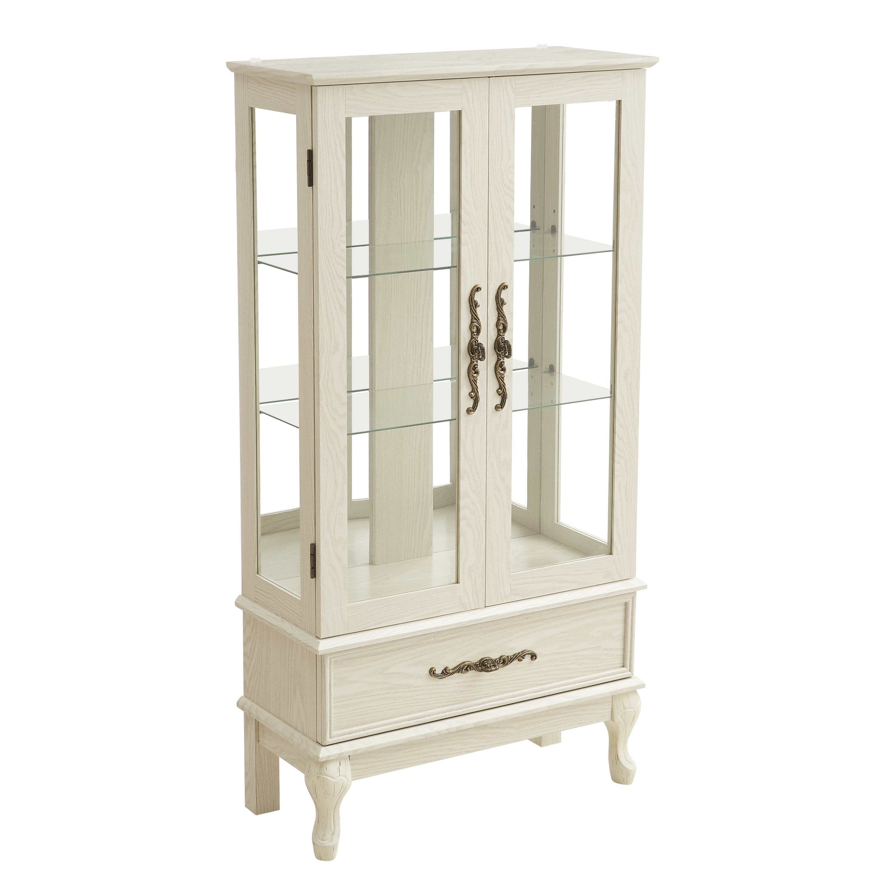 Curio Cabinet Lighted Glass Cabinet Glass Wine Cabinet Curio Display Cabinet with Adjustable Glass Shelves 2 Doors and 1 drawer Cabinet Sideboard With Bulb Included Antique White - Grand Goldman Shop