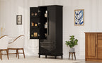 70' Kitchen Pantry Cabinet with 2 Cabinet Shelves,Luxurious Wooden Cupboard with 6 Door Shelves and 3 Drawers for Kitchen, Dining Room,Black - Grand Goldman Shop