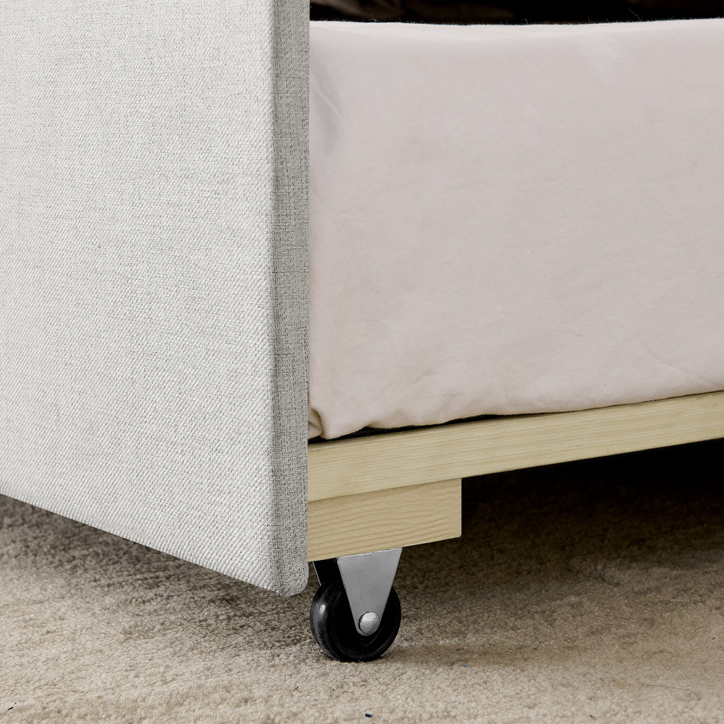 Beige Linen Upholstered Twin Daybed with Pop-up Trundle and USB Charging Armrest - Grand Goldman Shop
