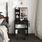 Modern Small Vanity Desk with 3 LED Lighting Modes, 3 Drawers, Open Shelves, Hair Dryer Holder, Power Socket, and Dressing Chair in Black MDF - Grand Goldman Shop