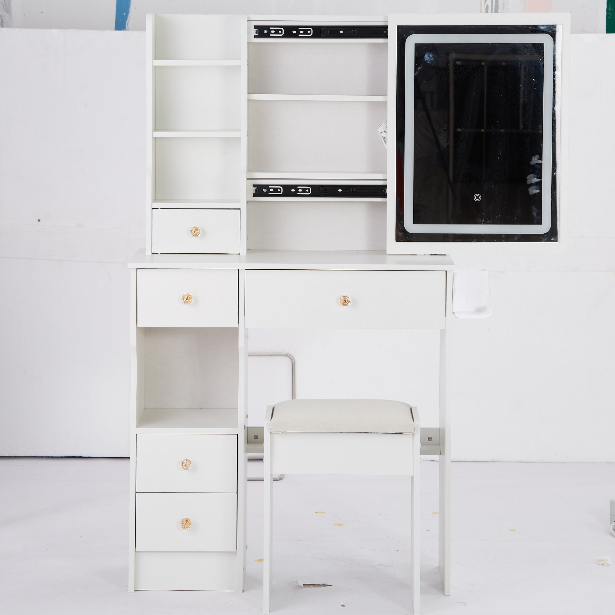 29.2' Small Size Drawer Desktop Vanity Table + Cushioned Stool, 2 AC+2 USB Power Station, Hair dryer bracket, Extra Large Touch Control Sliding LED Mirror, 3-color Switching, EPA, GCC, UL Certificate - Grand Goldman Shop