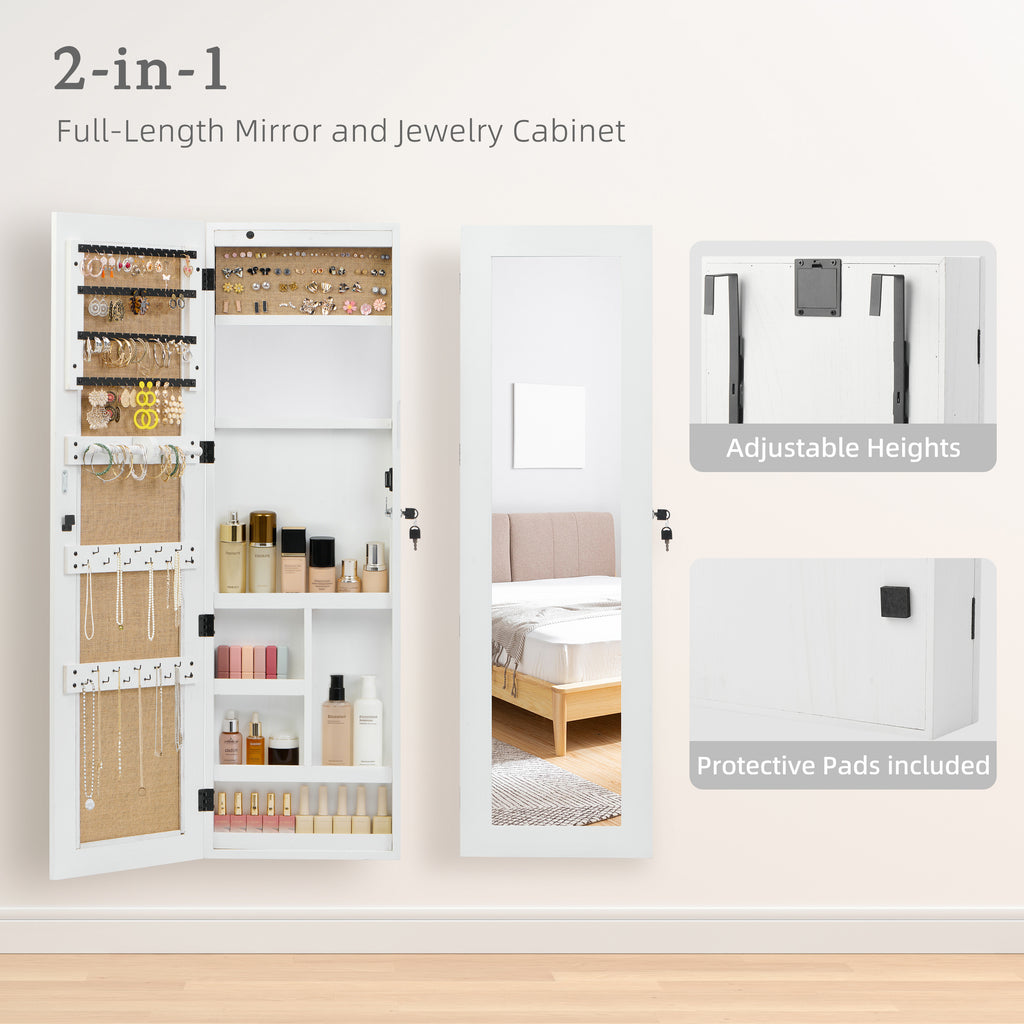 White Solid Wood Jewelry Armoire Organizer with Full-Length Mirror, Wall-Mounted Lockable Cabinet with LED Light, 47.5x14.3 in - Grand Goldman Shop