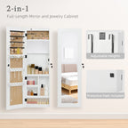 White Solid Wood Jewelry Armoire Organizer with Full-Length Mirror, Wall-Mounted Lockable Cabinet with LED Light, 47.5x14.3 in - Grand Goldman Shop