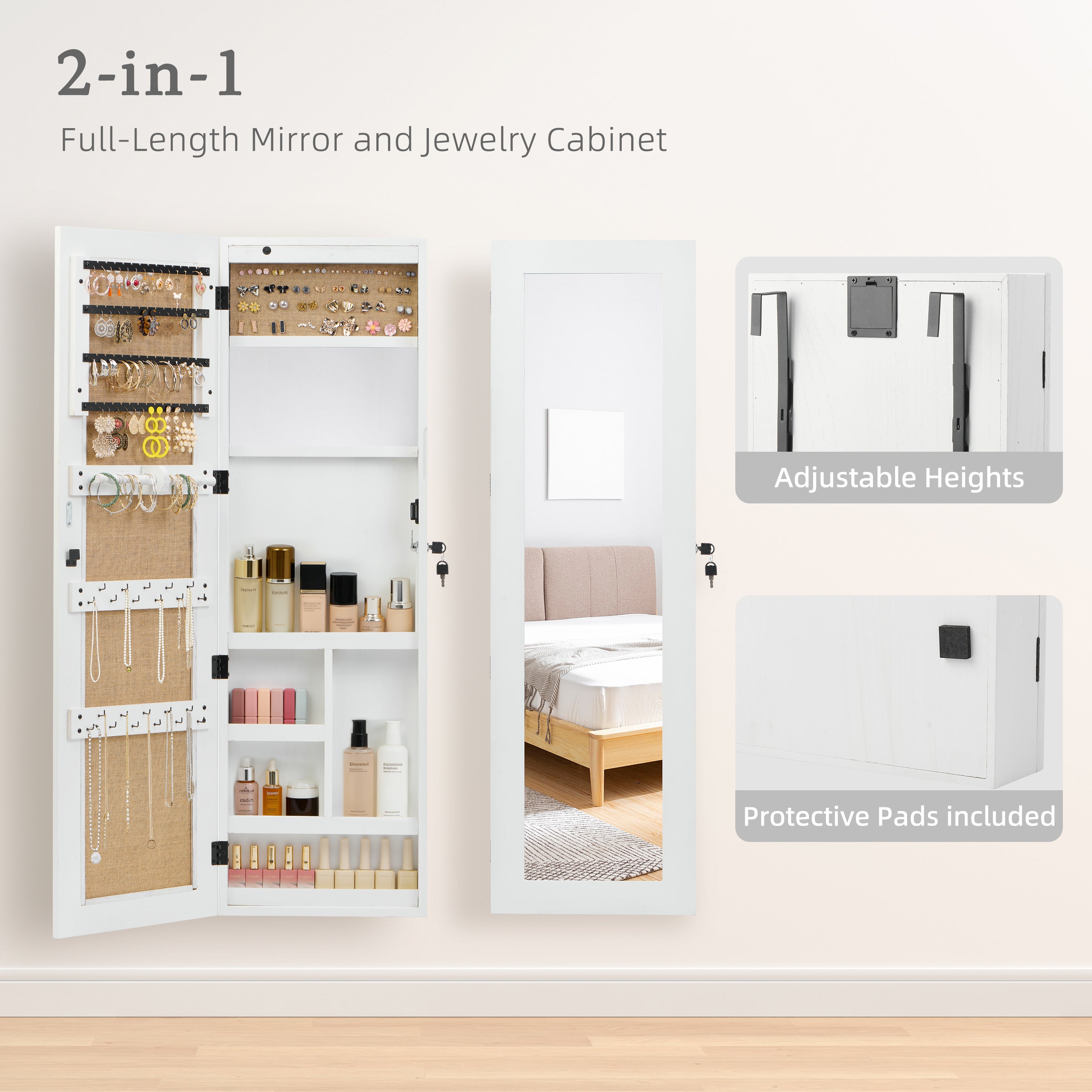 White Solid Wood Jewelry Armoire Organizer with Full-Length Mirror, Wall-Mounted Lockable Cabinet with LED Light, 47.5x14.3 in - Grand Goldman Shop