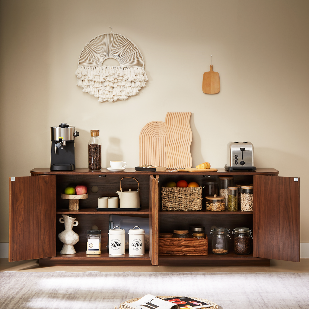Sideboard Storage Cabinet TV Stand with wave pattern Buffet Cabinet Wooden Vertical Striped Cabinet for Kitchen/Bedroom/Entryway. Walnut, 64''W x 15''D x 24''H. - Grand Goldman Shop