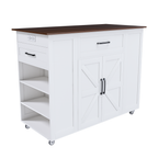 46' Kitchen Island on Wheels with Storage & Power Outlet - Movable Rustic Breakfast Bar Table, Wood Top with Adjustable Shelf & Drawer for Kitchen Dining Living Room, White - Grand Goldman Shop