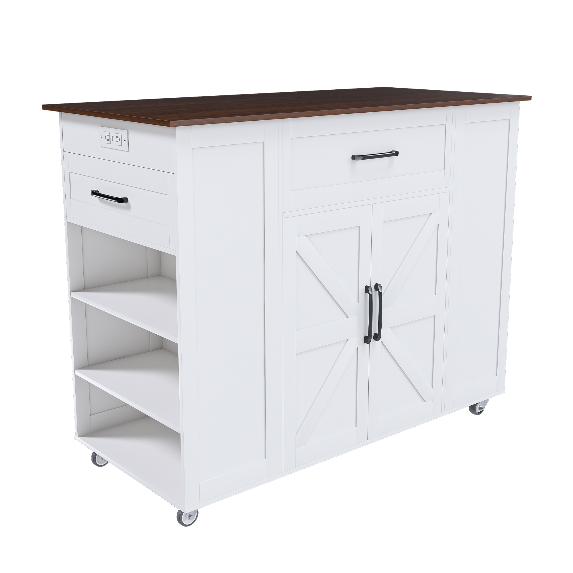 46' Kitchen Island on Wheels with Storage & Power Outlet - Movable Rustic Breakfast Bar Table, Wood Top with Adjustable Shelf & Drawer for Kitchen Dining Living Room, White - Grand Goldman Shop