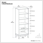 Harper 5 Shelf Bookcase in Walnut Brown with Solid Wood Construction and Mid-Century Modern Design | Premium Home Decor - Gra